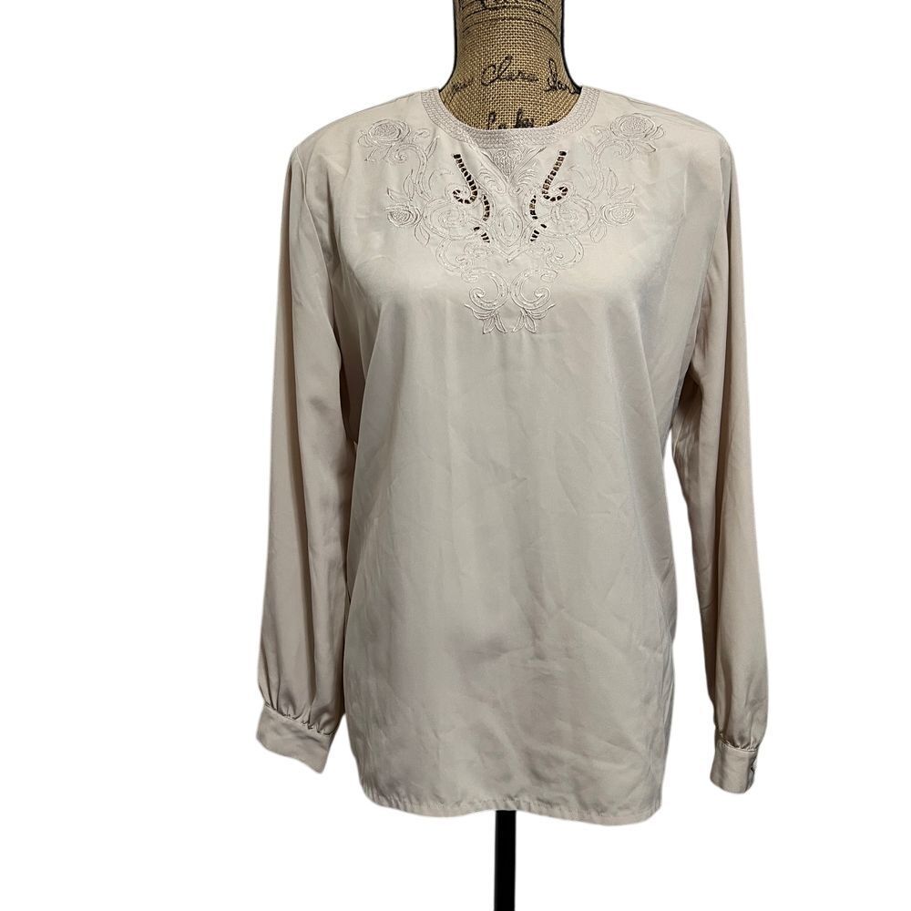 Vintage Tan‎ Embroidered Long Sleeve Blouse Cutwork Detail Dressy Top Size L